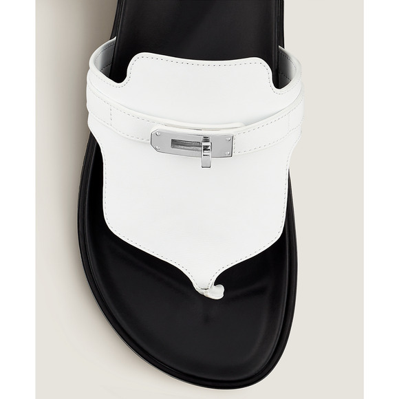 Hermes Empire Sandals White Black Leather Kelly Lock Logo Slide Mule Flat 37 - Picture 6 of 12